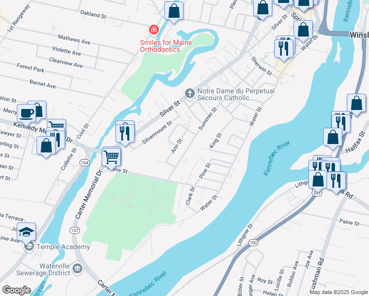 map of restaurants, bars, coffee shops, grocery stores, and more near 67 Summer Street in Waterville