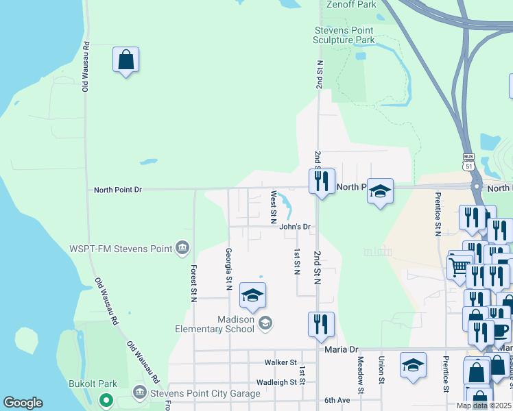 map of restaurants, bars, coffee shops, grocery stores, and more near 441 Frederick Street North in Stevens Point