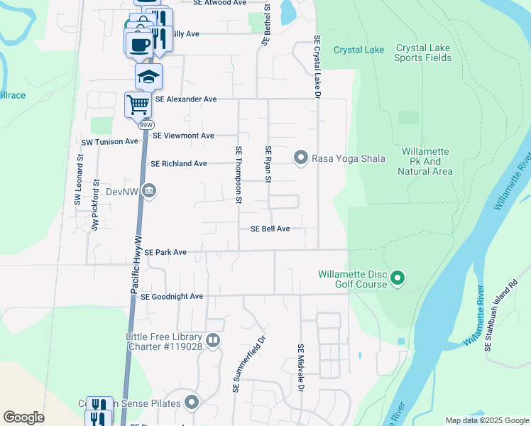 map of restaurants, bars, coffee shops, grocery stores, and more near 2600 Southeast Ryan Street in Corvallis