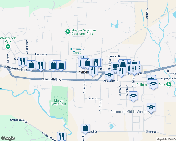 map of restaurants, bars, coffee shops, grocery stores, and more near 137 North 13th Street in Philomath