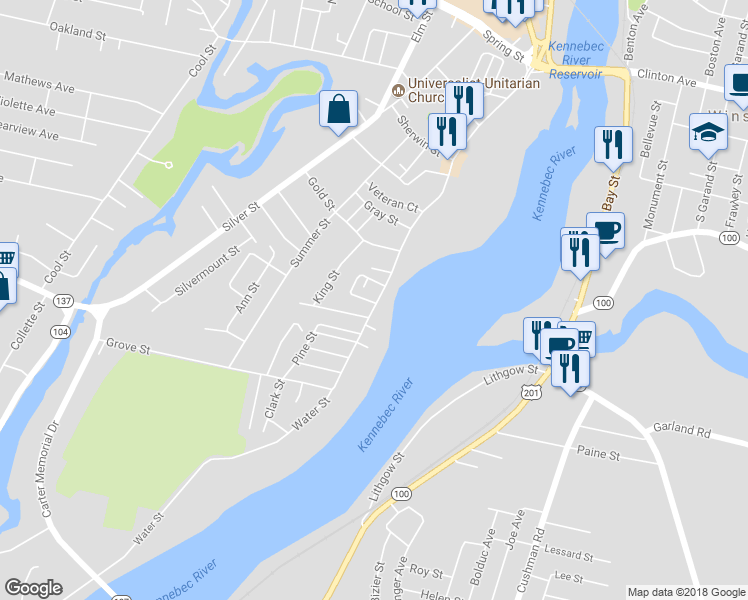 map of restaurants, bars, coffee shops, grocery stores, and more near 127 Water Street in Waterville