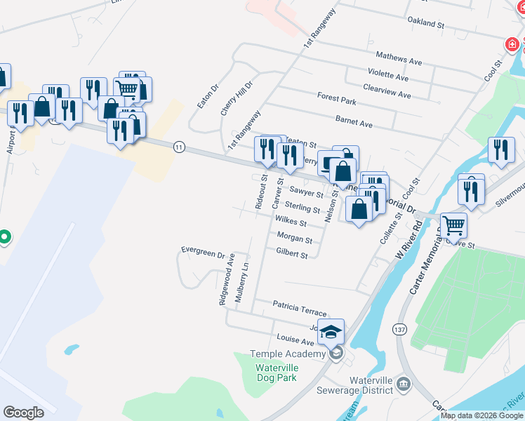map of restaurants, bars, coffee shops, grocery stores, and more near 136 Carver Street in Waterville