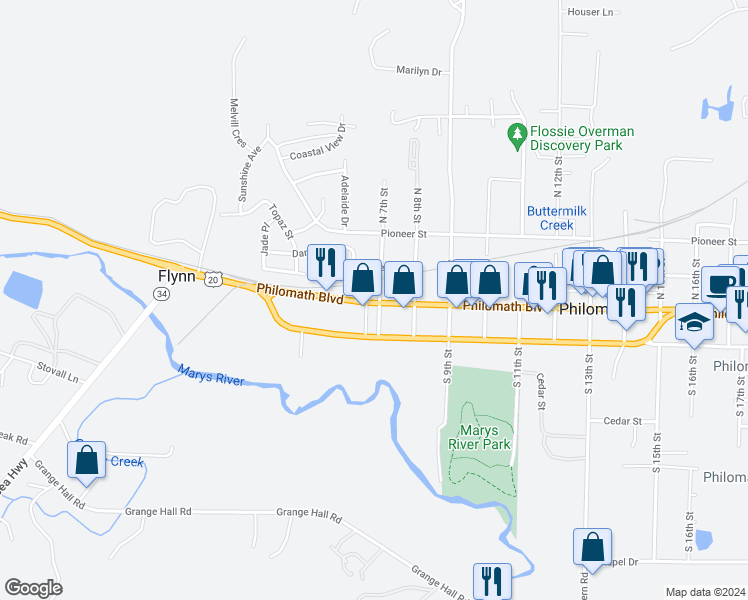 map of restaurants, bars, coffee shops, grocery stores, and more near 131 North 7th Street in Philomath