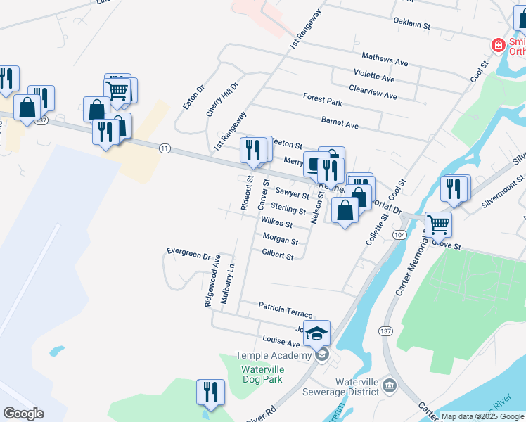 map of restaurants, bars, coffee shops, grocery stores, and more near 117 Carver Street in Waterville