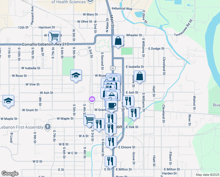 map of restaurants, bars, coffee shops, grocery stores, and more near 481 South Main Street in Lebanon