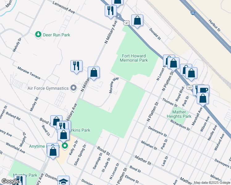 map of restaurants, bars, coffee shops, grocery stores, and more near 1040 Moraine Way in Green Bay