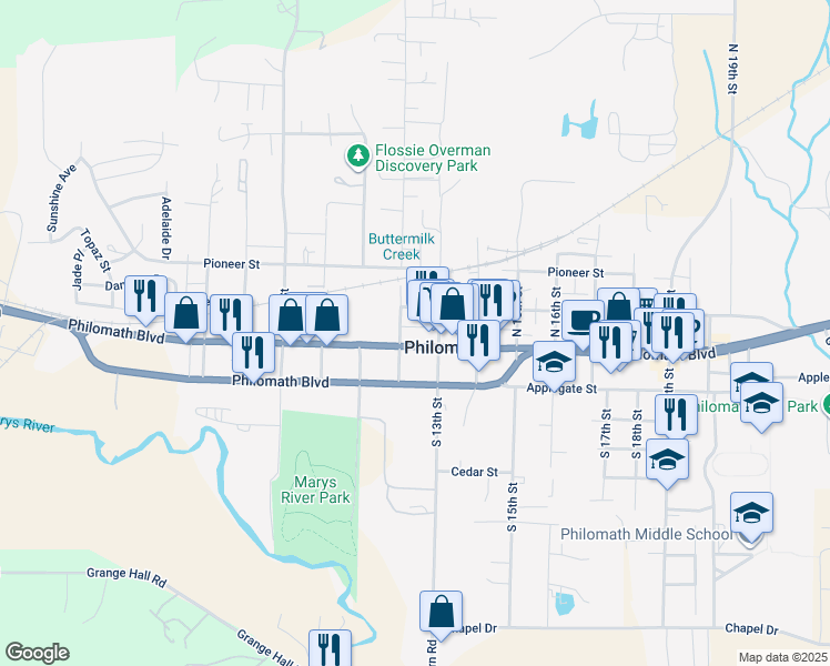 map of restaurants, bars, coffee shops, grocery stores, and more near 139 North 12th Street in Philomath