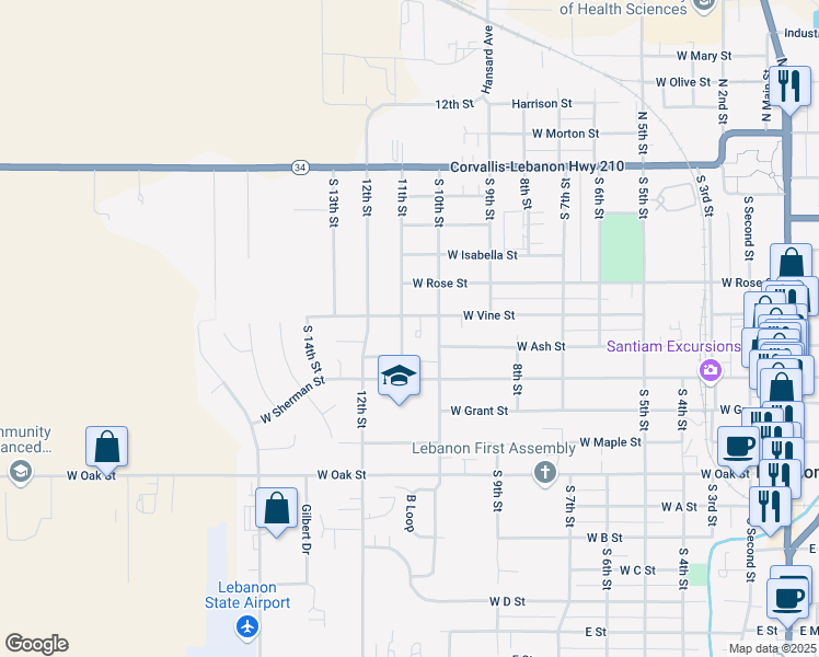 map of restaurants, bars, coffee shops, grocery stores, and more near 995 West Vine Street in Lebanon