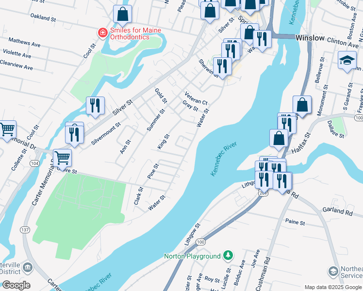 map of restaurants, bars, coffee shops, grocery stores, and more near 115 Water Street in Waterville