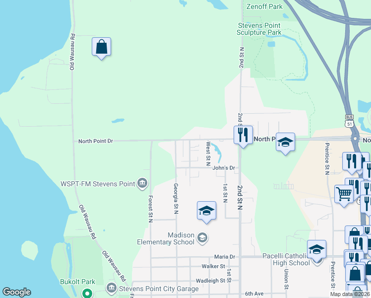 map of restaurants, bars, coffee shops, grocery stores, and more near 525 North Point Drive in Stevens Point