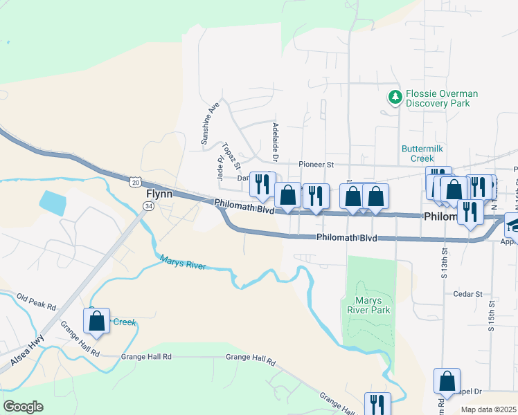 map of restaurants, bars, coffee shops, grocery stores, and more near Oregon 34 in Philomath