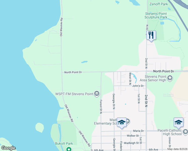 map of restaurants, bars, coffee shops, grocery stores, and more near 301 North Point Drive in Stevens Point