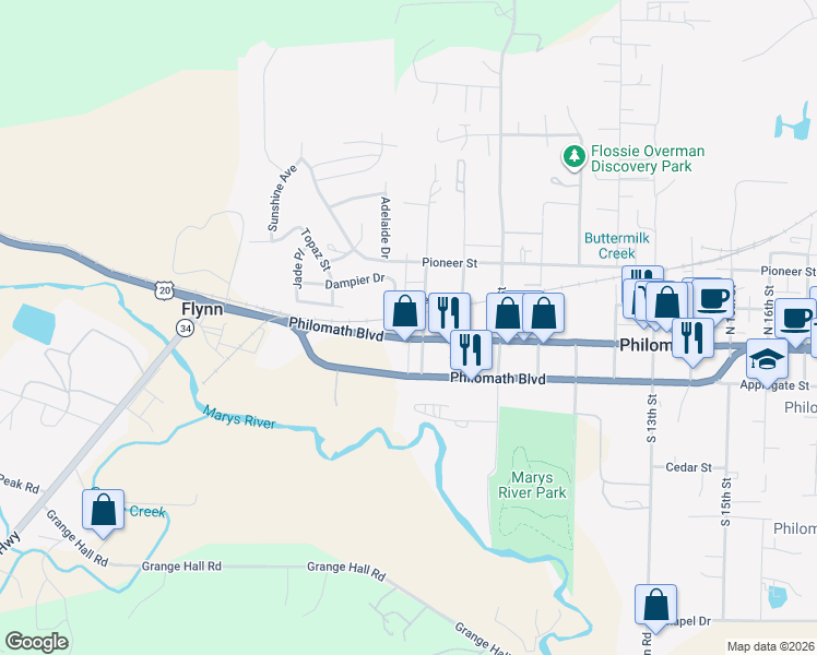 map of restaurants, bars, coffee shops, grocery stores, and more near 600 College Street in Philomath