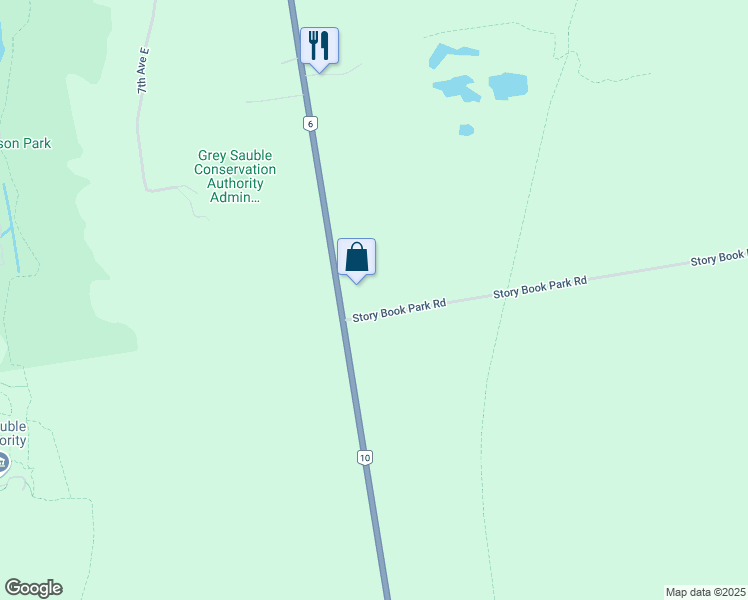 map of restaurants, bars, coffee shops, grocery stores, and more near 123025 Story Book Park Road in Owen Sound