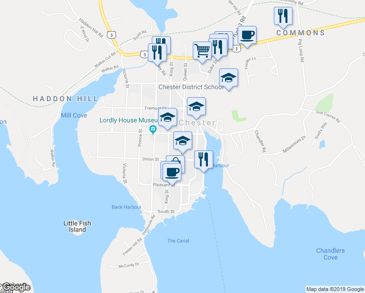 map of restaurants, bars, coffee shops, grocery stores, and more near 89 Queen Street in Chester