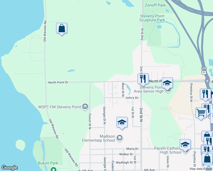 map of restaurants, bars, coffee shops, grocery stores, and more near 525 North Point Drive in Stevens Point