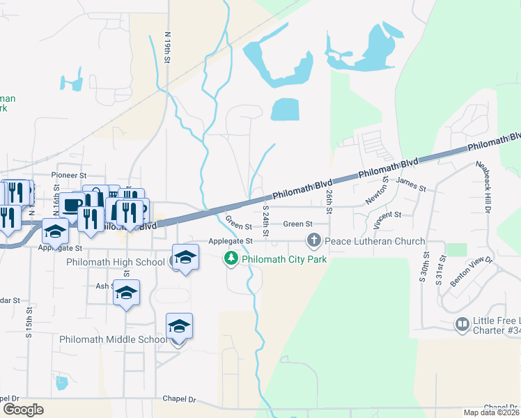 map of restaurants, bars, coffee shops, grocery stores, and more near 2364 Philomath Boulevard in Philomath