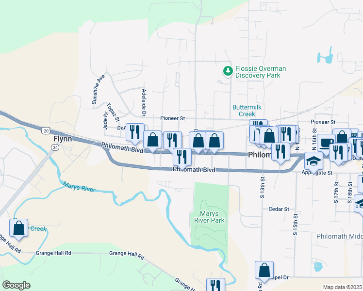 map of restaurants, bars, coffee shops, grocery stores, and more near 141 North 8th Street in Philomath