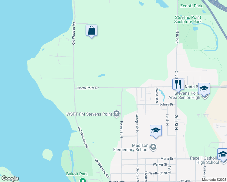 map of restaurants, bars, coffee shops, grocery stores, and more near 301 North Point Drive in Stevens Point