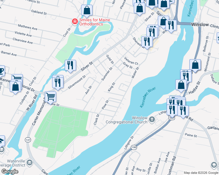 map of restaurants, bars, coffee shops, grocery stores, and more near 29 King Street in Waterville