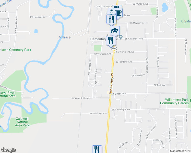 map of restaurants, bars, coffee shops, grocery stores, and more near 2563 Southwest Pickford Street in Corvallis