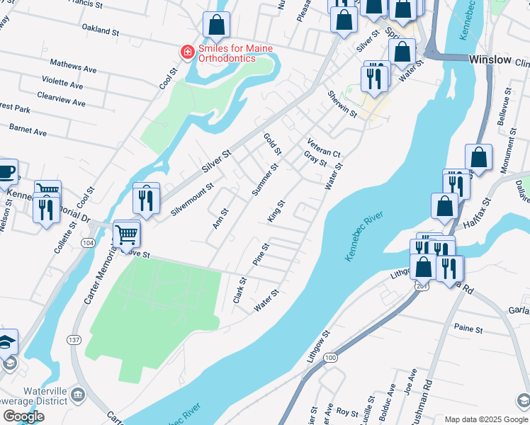 map of restaurants, bars, coffee shops, grocery stores, and more near 29 King Street in Waterville