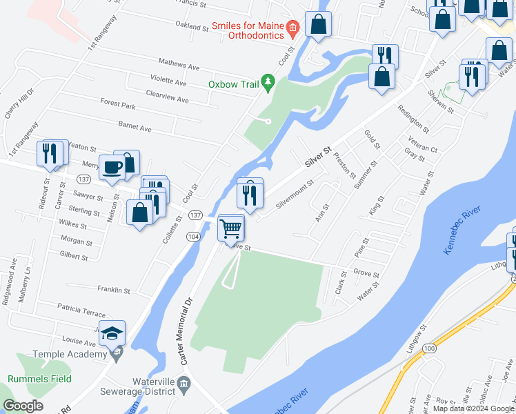map of restaurants, bars, coffee shops, grocery stores, and more near 158 Silver Street in Waterville