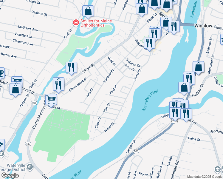map of restaurants, bars, coffee shops, grocery stores, and more near 29 King Street in Waterville
