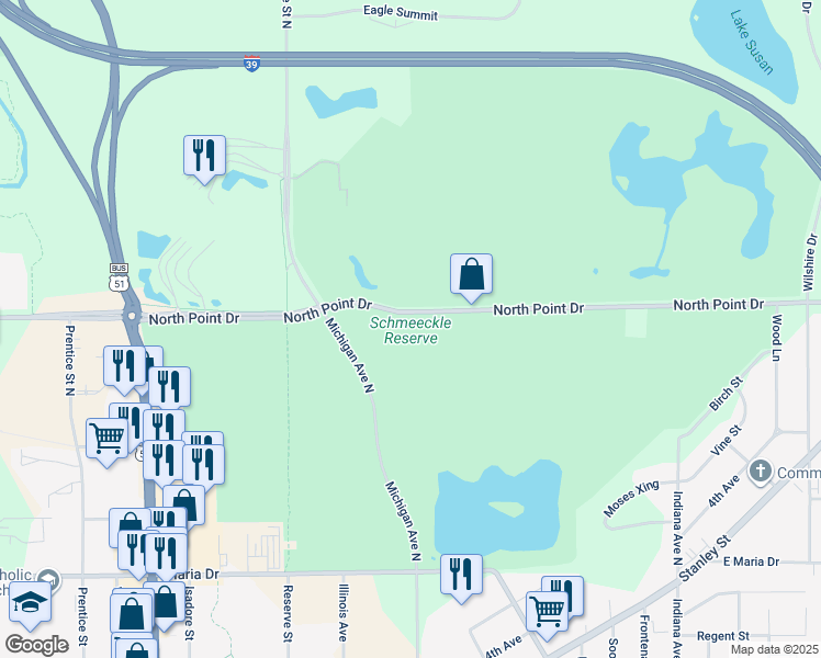map of restaurants, bars, coffee shops, grocery stores, and more near 2419 North Point Drive in Stevens Point