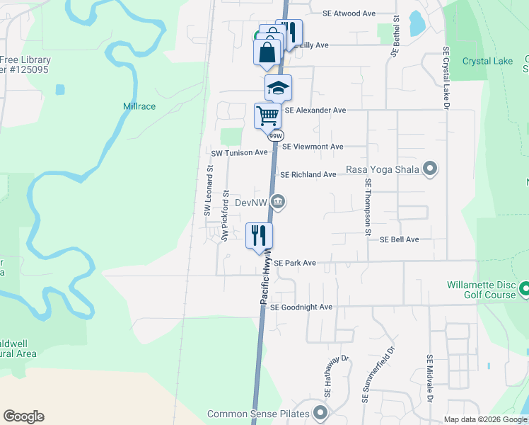 map of restaurants, bars, coffee shops, grocery stores, and more near 2580 Southwest 3rd Street in Corvallis