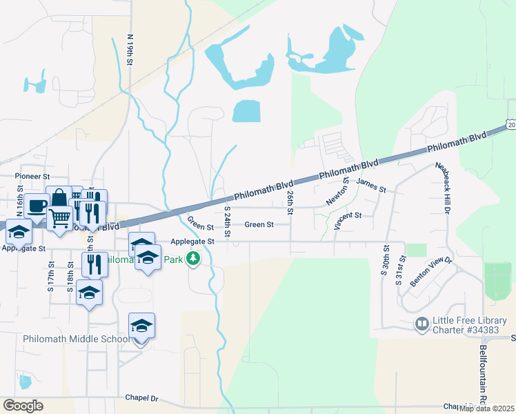 map of restaurants, bars, coffee shops, grocery stores, and more near 2511 Newton Street in Philomath