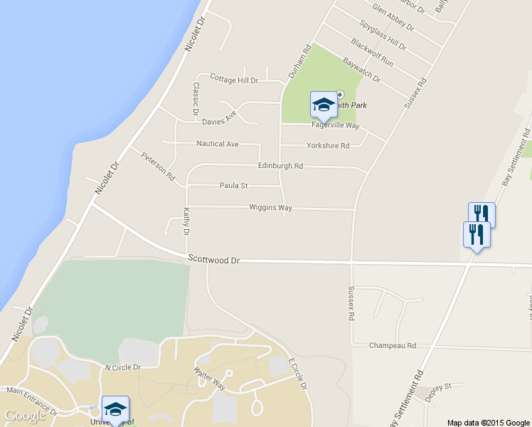 map of restaurants, bars, coffee shops, grocery stores, and more near 3407 Wiggins Way in Green Bay