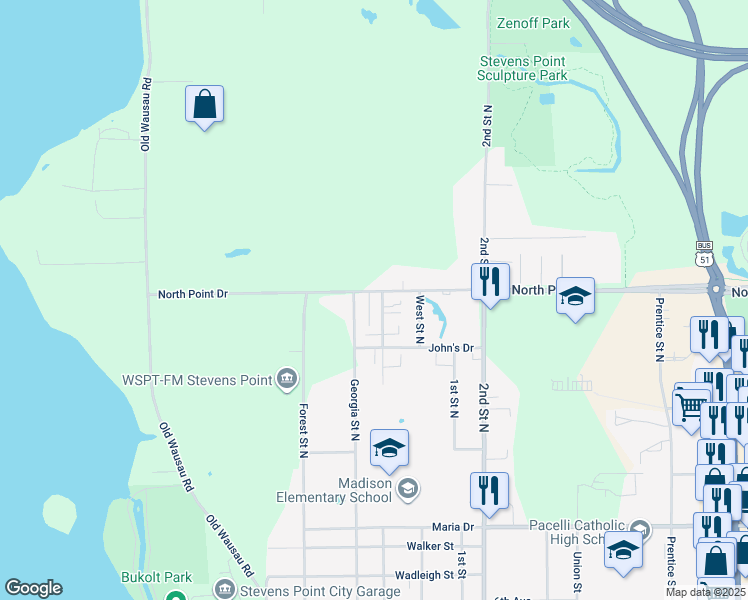 map of restaurants, bars, coffee shops, grocery stores, and more near 525 North Point Drive in Stevens Point