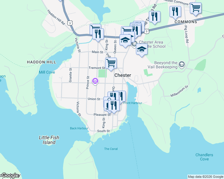map of restaurants, bars, coffee shops, grocery stores, and more near 93 Queen Street in Chester