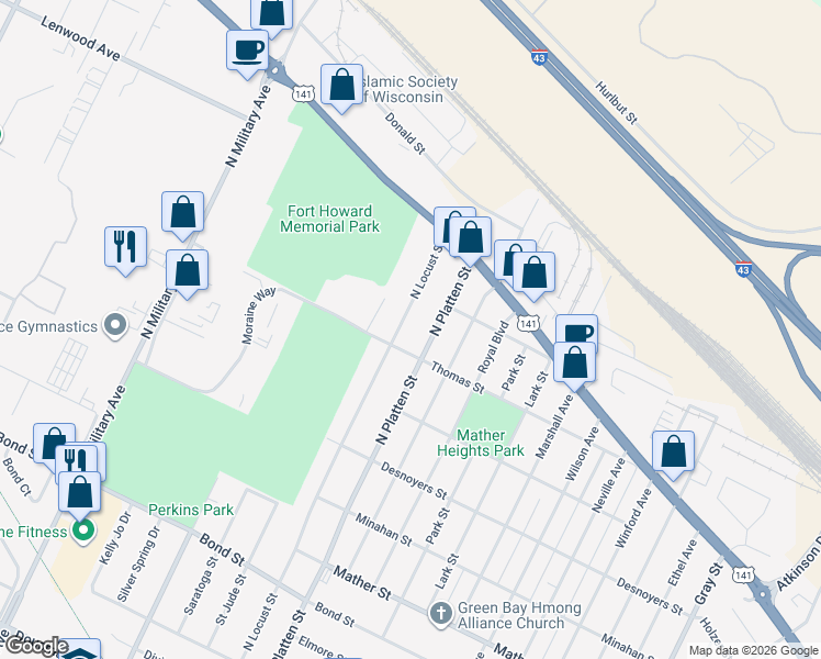 map of restaurants, bars, coffee shops, grocery stores, and more near 1220 N Locust St in Green Bay