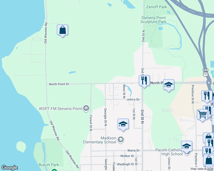 map of restaurants, bars, coffee shops, grocery stores, and more near 525 North Point Drive in Stevens Point
