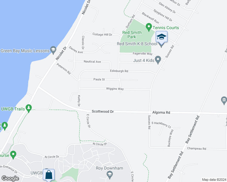 map of restaurants, bars, coffee shops, grocery stores, and more near 3396 Wiggins Way in Green Bay
