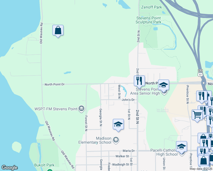 map of restaurants, bars, coffee shops, grocery stores, and more near 525 North Point Drive in Stevens Point