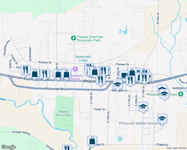 map of restaurants, bars, coffee shops, grocery stores, and more near 137 North 13th Street in Philomath