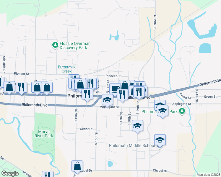 map of restaurants, bars, coffee shops, grocery stores, and more near 1606 College Street in Philomath