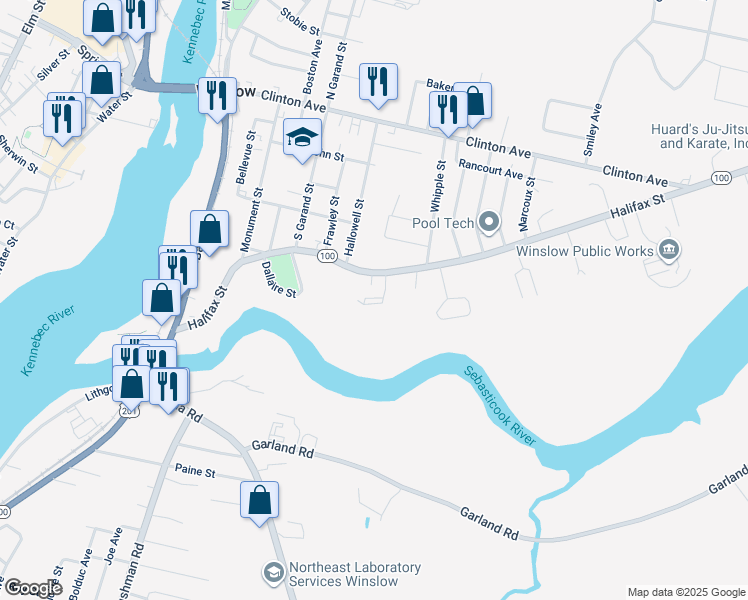 map of restaurants, bars, coffee shops, grocery stores, and more near 71 Halifax Street in Winslow
