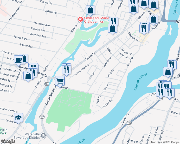 map of restaurants, bars, coffee shops, grocery stores, and more near 5 Tardiff Street in Waterville