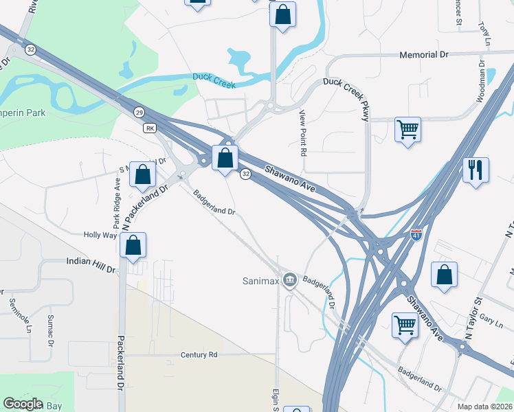 map of restaurants, bars, coffee shops, grocery stores, and more near 2230 Shawano Avenue in Green Bay