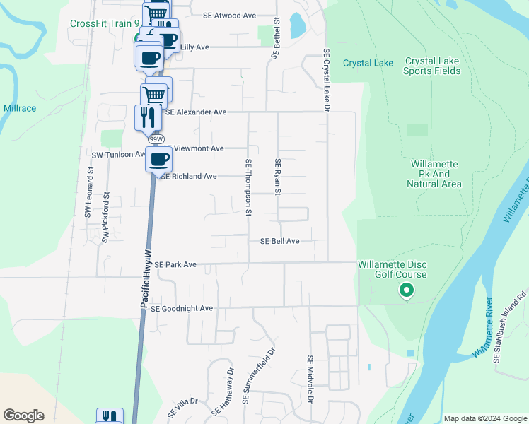 map of restaurants, bars, coffee shops, grocery stores, and more near 2554 SE Ryan St in Corvallis