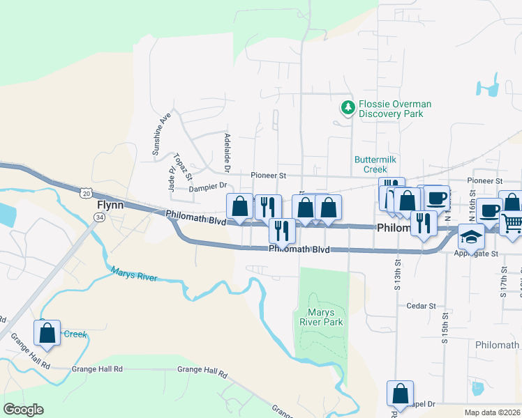 map of restaurants, bars, coffee shops, grocery stores, and more near 131 North 7th Street in Philomath