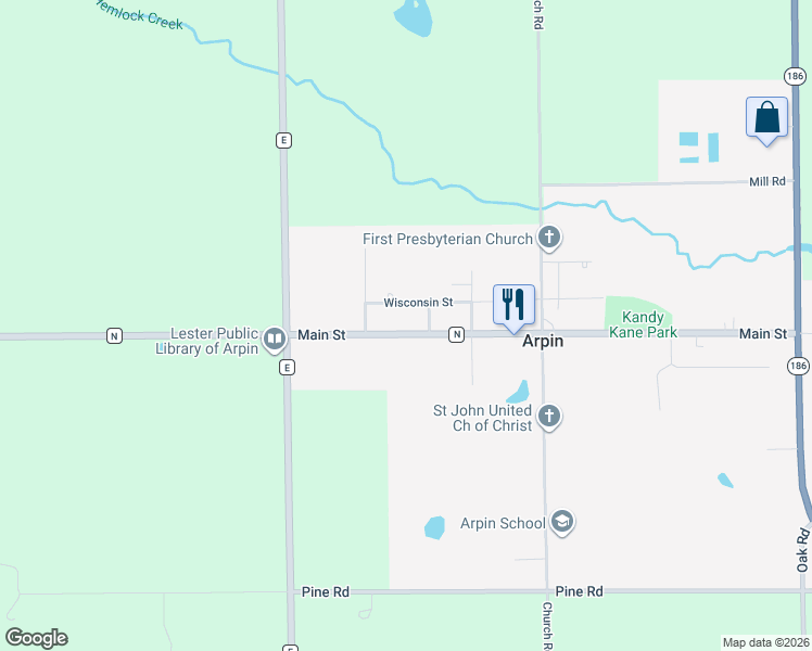map of restaurants, bars, coffee shops, grocery stores, and more near 6410 County Road N in Arpin