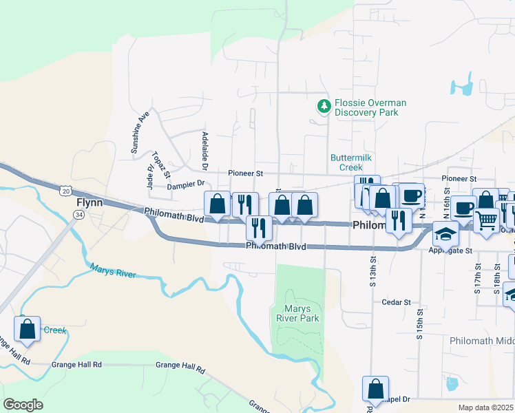 map of restaurants, bars, coffee shops, grocery stores, and more near 141 North 8th Street in Philomath