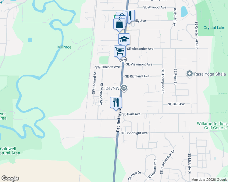 map of restaurants, bars, coffee shops, grocery stores, and more near 2580 Southwest 3rd Street in Corvallis