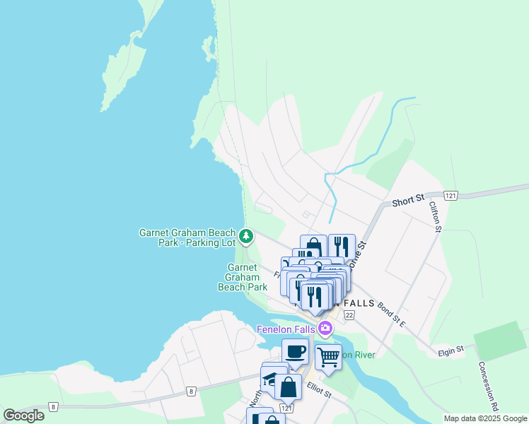 map of restaurants, bars, coffee shops, grocery stores, and more near 99 Louisa Street in Kawartha Lakes