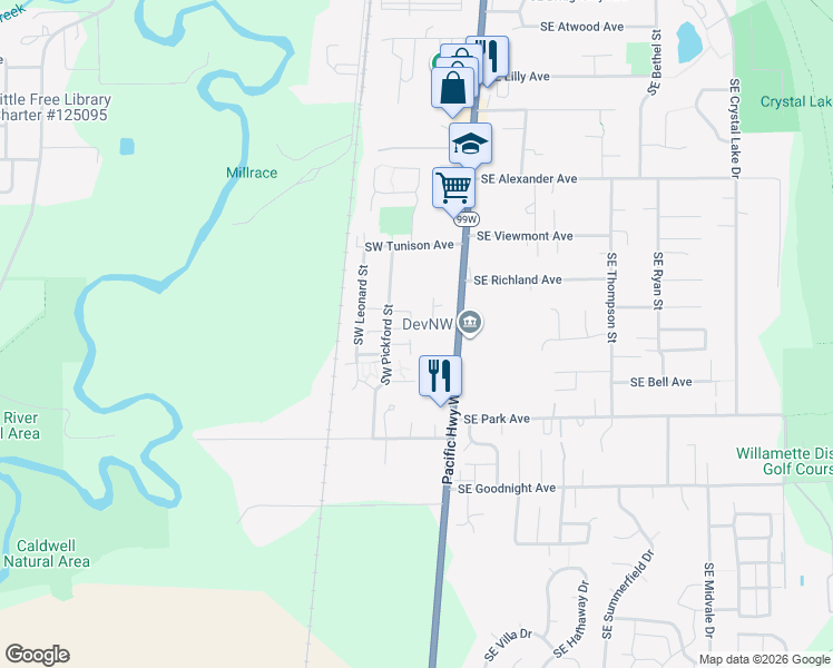 map of restaurants, bars, coffee shops, grocery stores, and more near 2551 Southwest Pickford Street in Corvallis